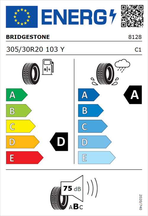 Tyre Label for Bridgestone Potenza S007 305/30R20 103Y