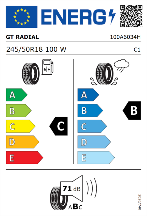 Tyre Label for GT Radial Sport Active 245/50R18 100W