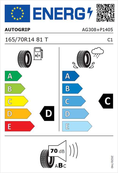 Tyre Label for Autogrip P308 165/70R14 81T